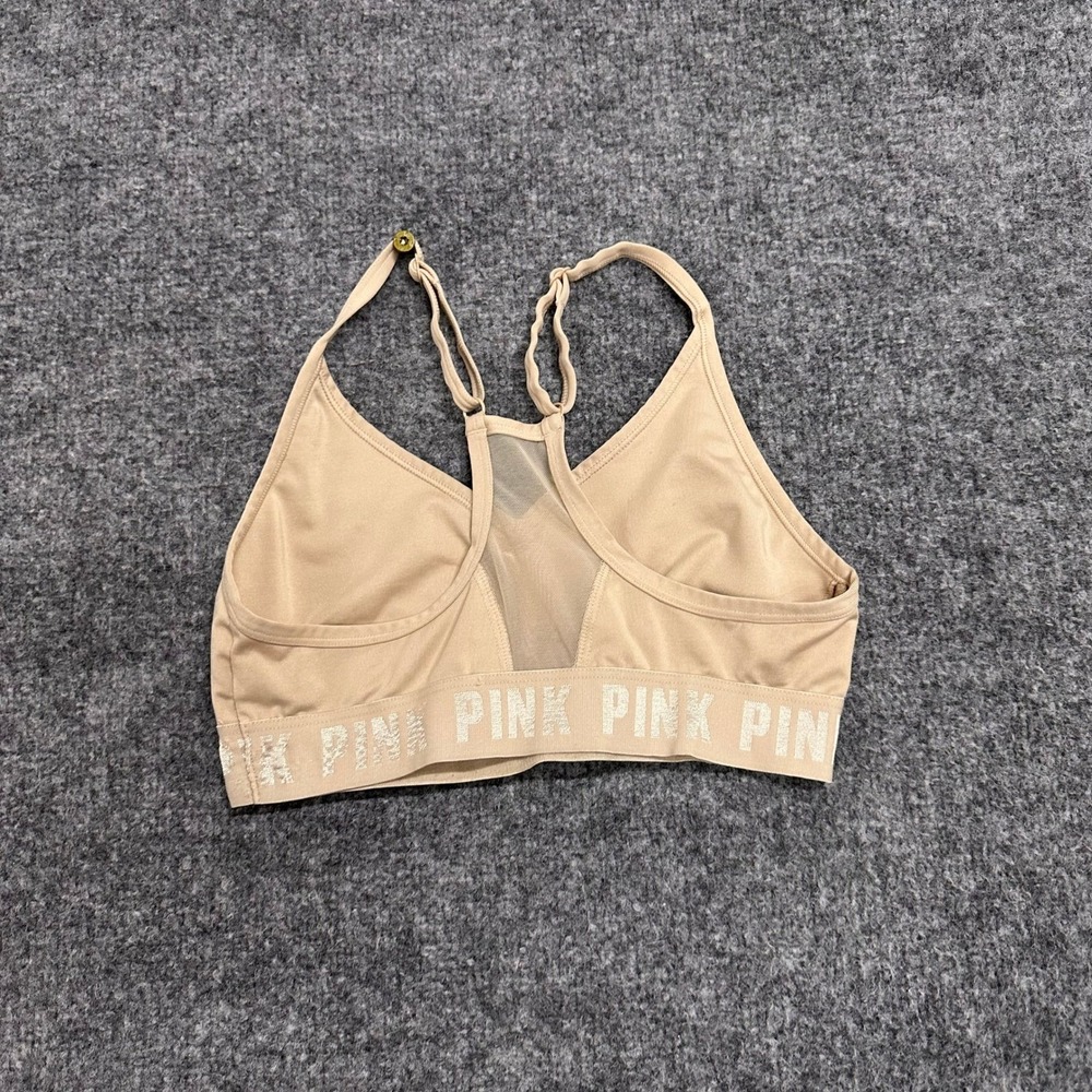 Pink Bralette Womens Size S Beige Tan Mesh Racerback Logo Band Wireless Sport